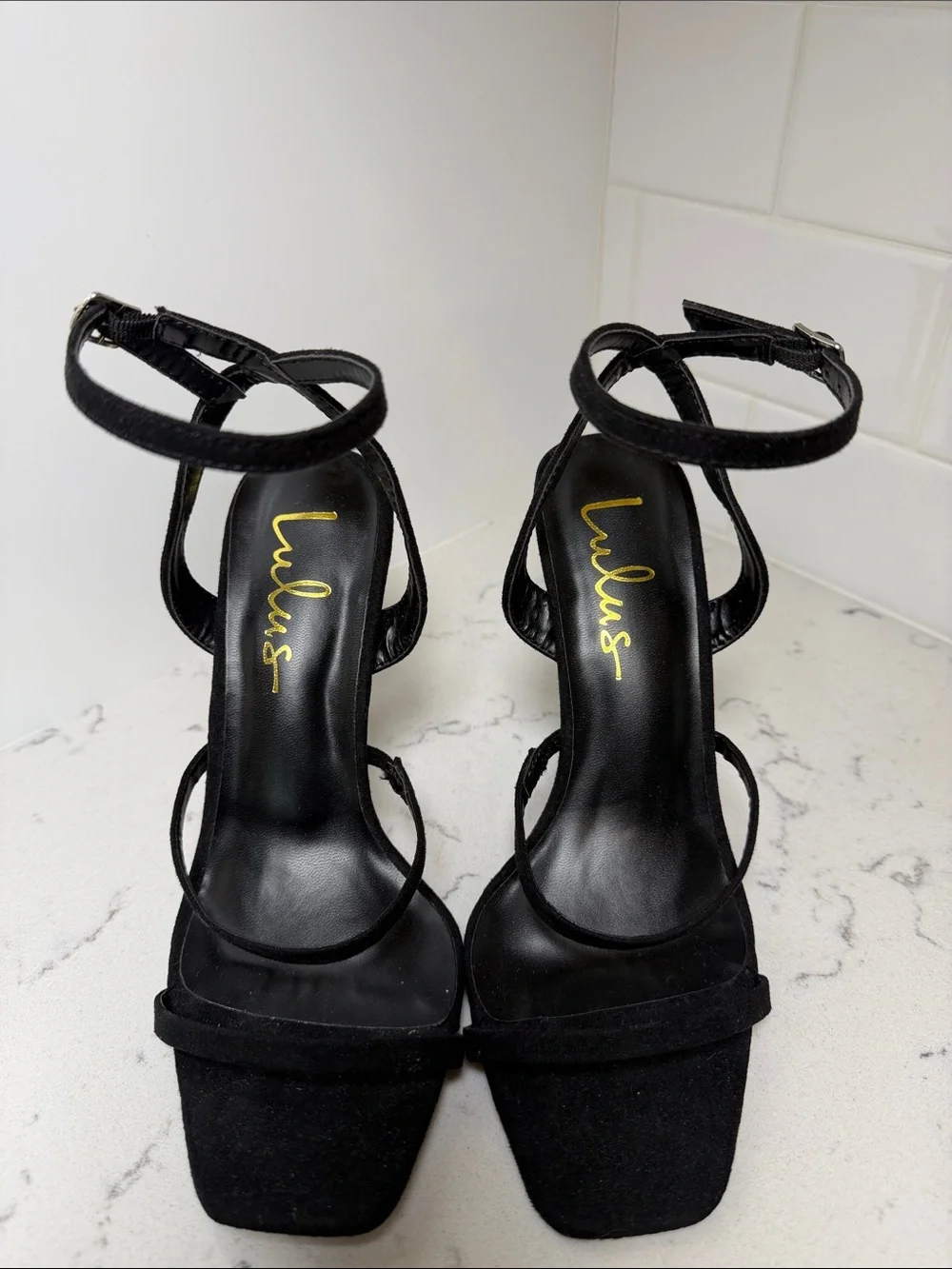 Lulu's Black Suede Strappy Ankle‑Tie High Heels